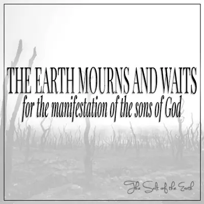 image of dry land and title The earth mourns and waits for the manifestation of the sons of God