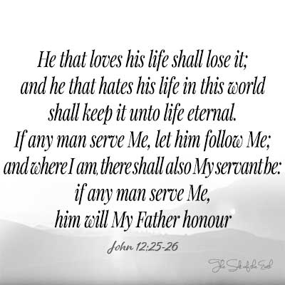 image mountain and bible verse john 12:25 he that loves his life shall lose it and he that hates his life in this world shall keep it unto life eternal if any man serve me let him follow me