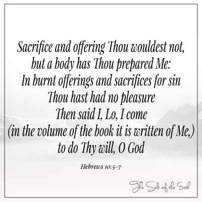 image mountains and bible verse 10-5-7 sacrifice and offering thou wouldest not but a body has thou prepared for me in burnt offerings and sacrifices for sin thou hast had no pleasure then said i lo i come to do thy will o God